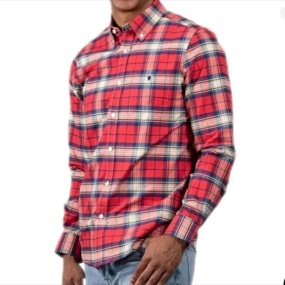 Simply Southern Men’s Parker Plaid Oxford Red Tan Blue Button Down Shirt Size‎ M